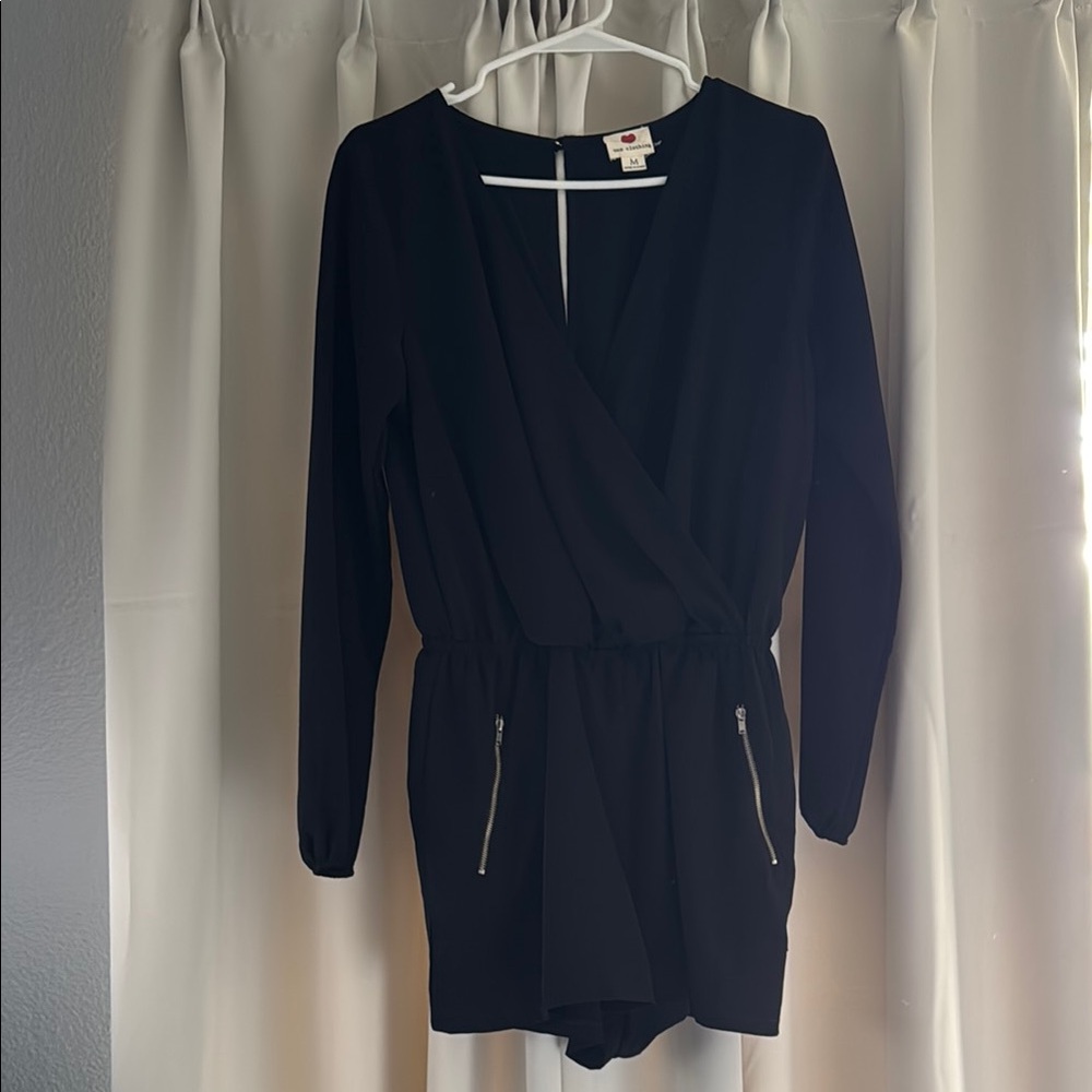 Black Long Sleeve Romper with Zipper Pockets